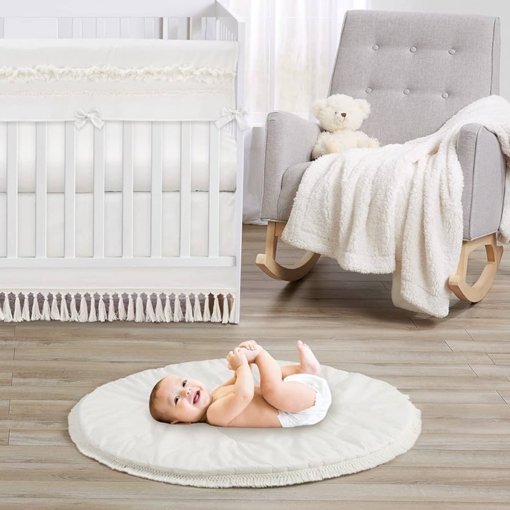 White boho Round Fringe Playmat